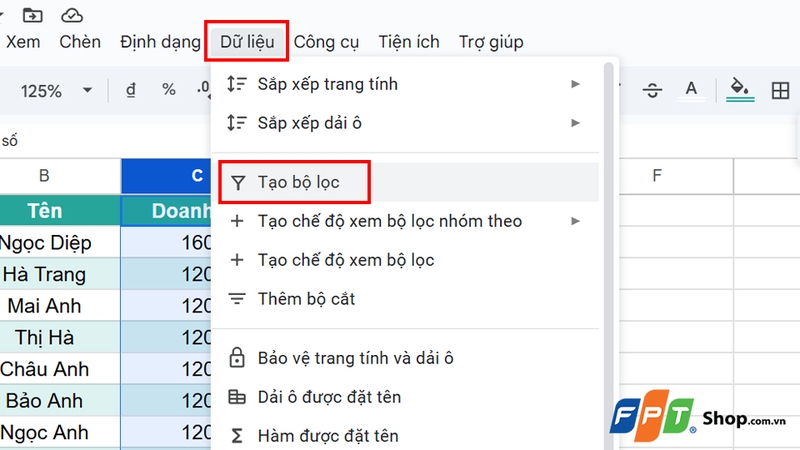 Chọn mục Tạo bộ lọc