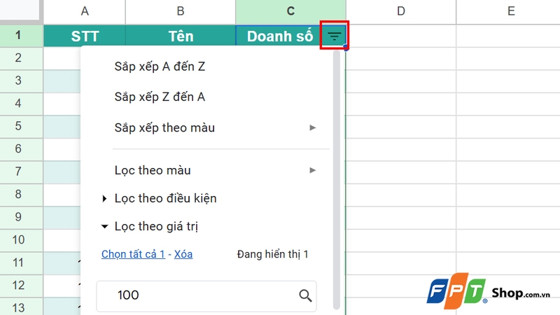 Nhấp chuột vào biểu tượng phễu ở cột muốn lọc