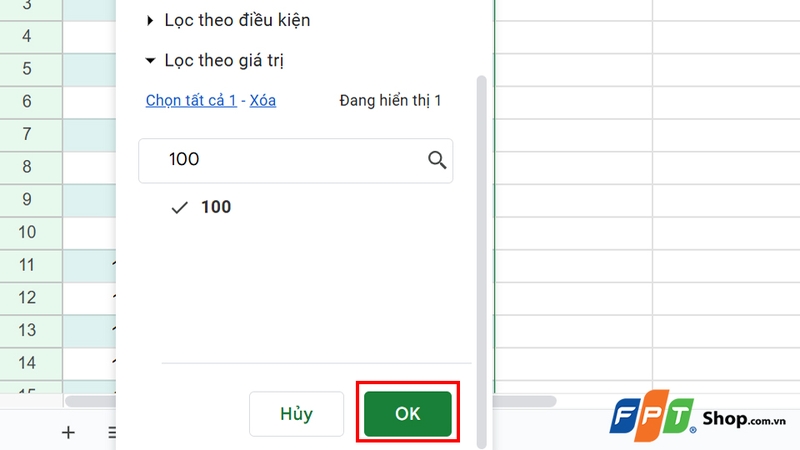 Nhấn OK để áp dụng điều kiện lọc
