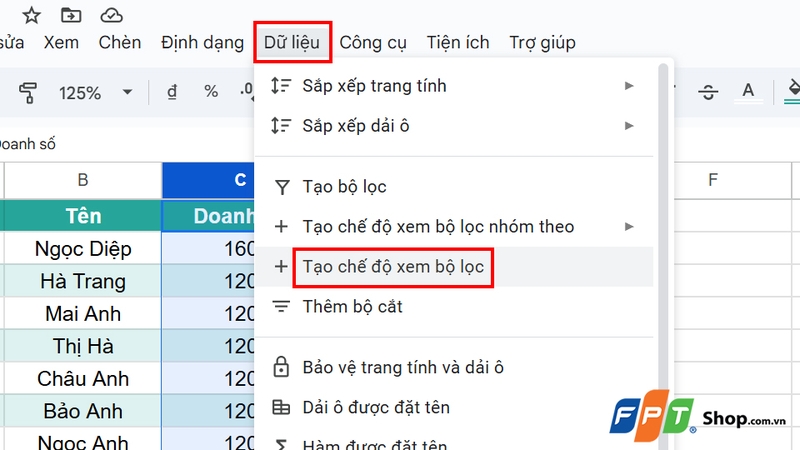 Nhấn vào Tạo chế độ xem bộ lọc
