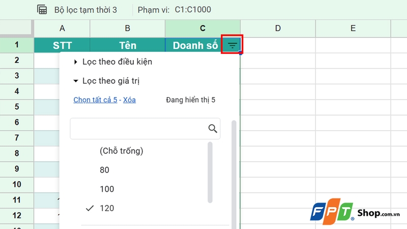 Thực hiện các thao tác lọc dữ liệu
