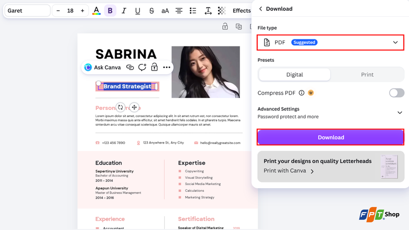 Chọn định dạng PDF rồi nhấn Download