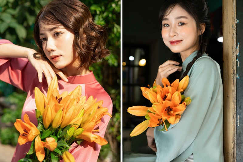 Ôm hoa kết hợp vuốt tóc