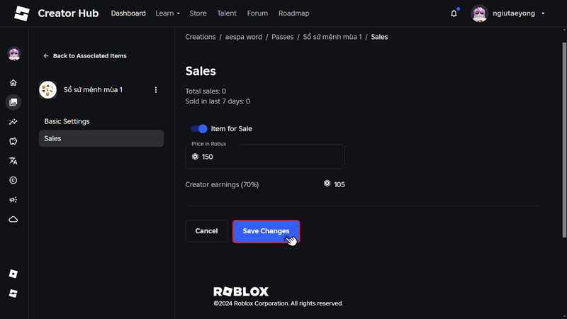 Đặt mức giá bạn muốn bán gamepass tại mục Price in Robux, sau đó chọn Save changes để thiết lập giá bán cho gamepass của mình
