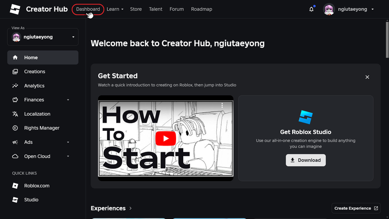 Tại giao diện màn hình chính của Roblox, bạn nhấp vào mục Dashboard