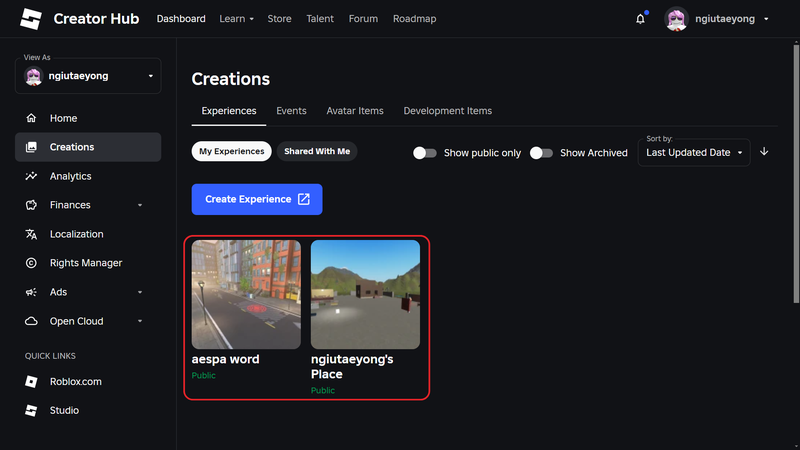 Tiếp theo, bạn nhấp vào trò chơi trong mục Experience mà bạn muốn tạo gamepass