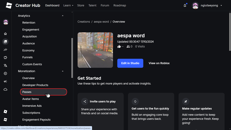 Tại thanh tác vụ bên trái màn hình, chọn dòng Passes ở mục Monetization