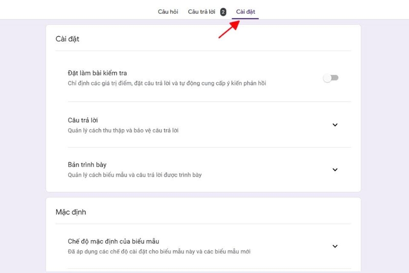 Chọn cài đặt để thiết lập phù hợp cho biểu mẫu của mình