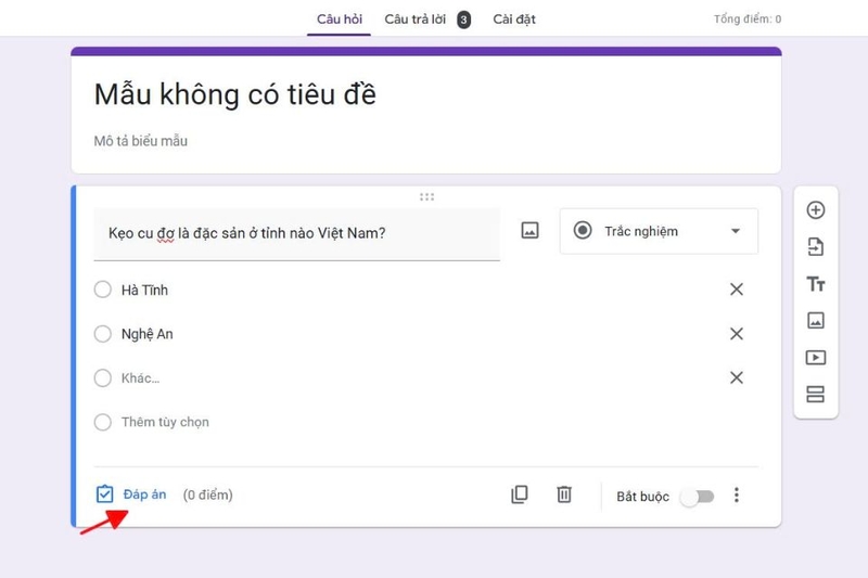 Nhấn chọn Đáp án để thiết lập câu trả lời đúng