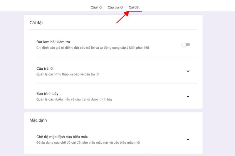 Trên giao diện biểu mẫu, bạn chọn vào “Cài đặt”