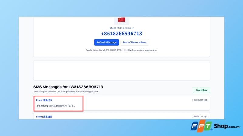 Copy số và sử dụng để nhận OTP