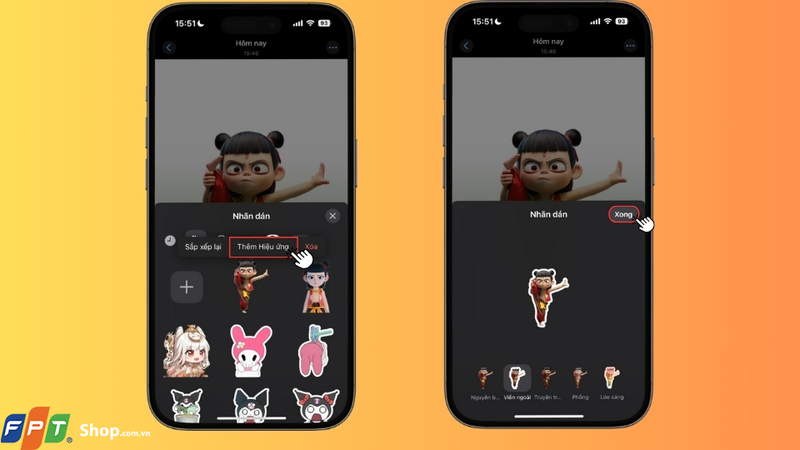 Nếu muốn thêm hiệu ứng cho sticker, nhấn và giữ vào sticker vừa tạo, chọn Thêm hiệu ứng (Add Effect)