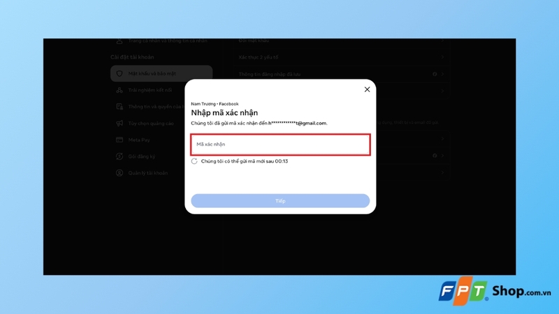 nhập mã xác nhận tài khoản Facebook