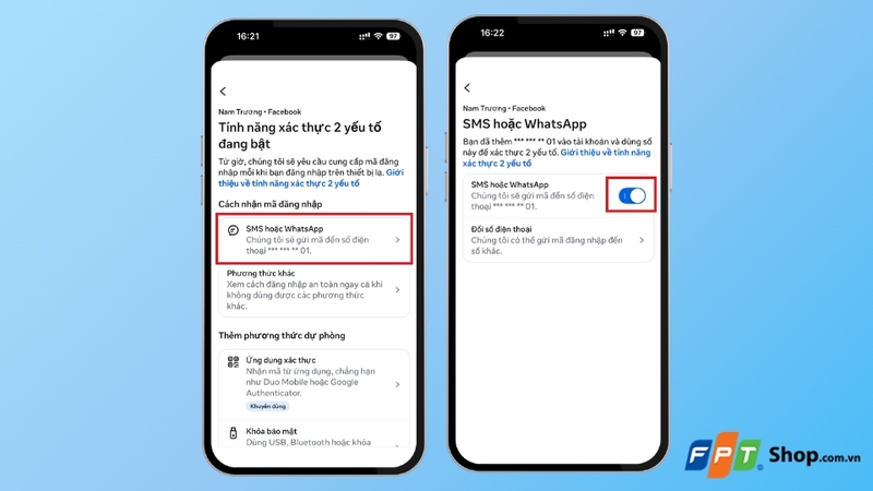 chọn phương thức "SMS hoặc WhatsApp"