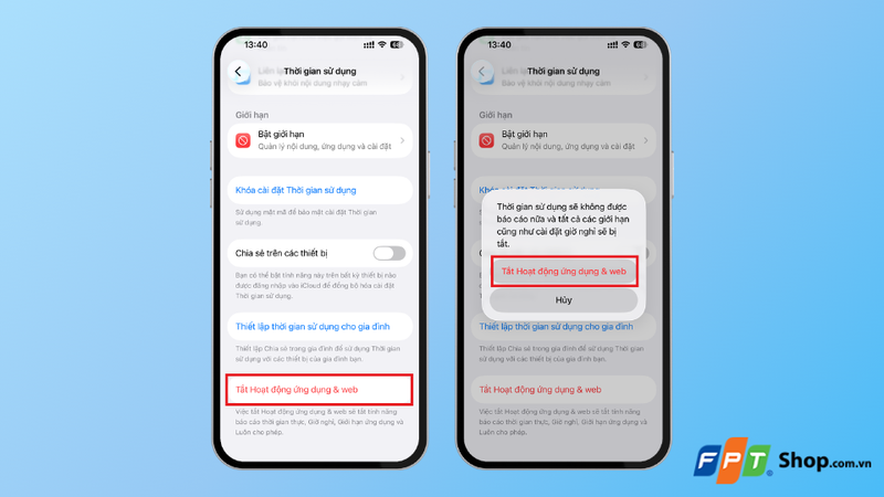 Tắt Hoạt động ứng dụng & web