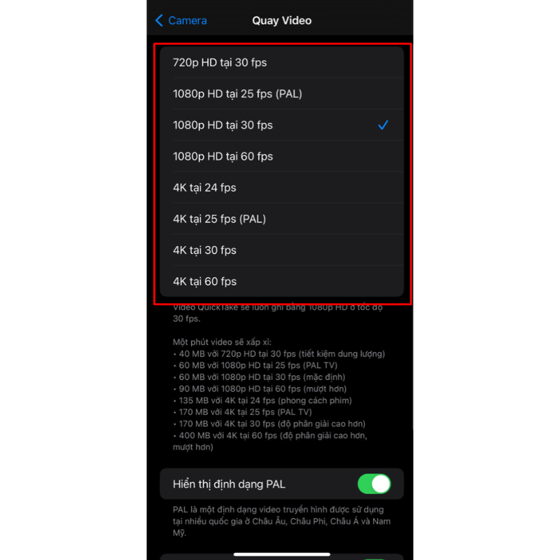 Cách thay đổi thiết lập độ phân giải video trên iPhone (hình 8)