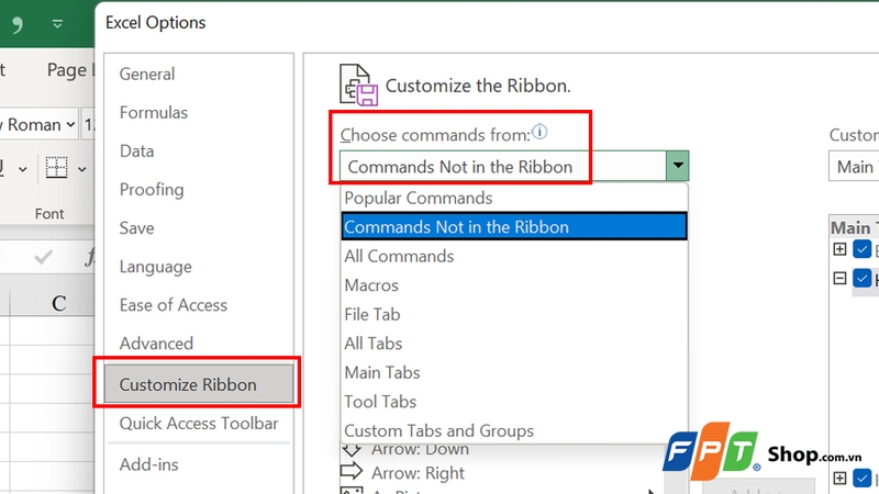 Nhấn "Commands Not in the Ribbon"