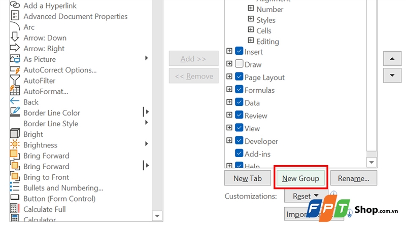 Chọn một tab trong danh sách và nhấp vào New Group