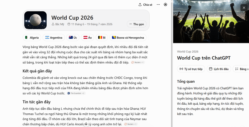 Tính năng theo dõi kết quả World Cup trên ChatGPT