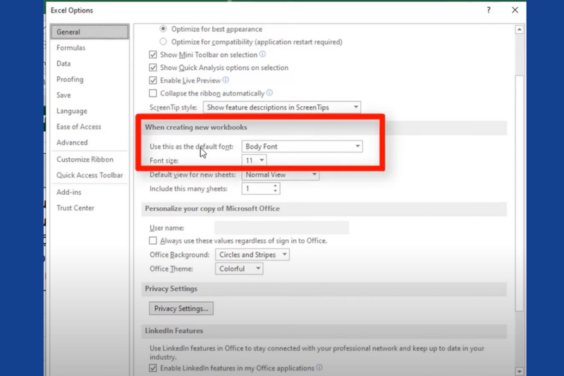 Cách thiết lập font chữ mặc định Excel (2)