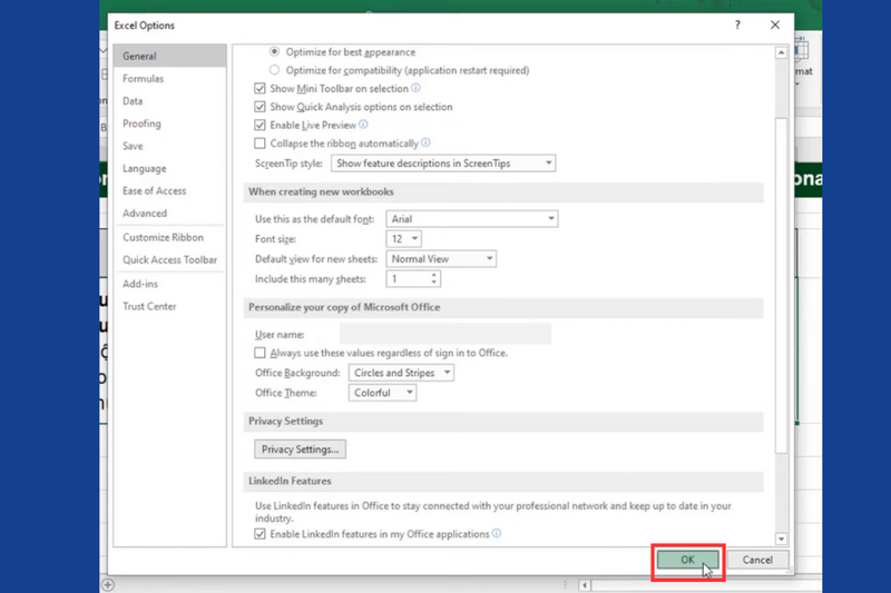 Cách thiết lập font chữ mặc định Excel (3)
