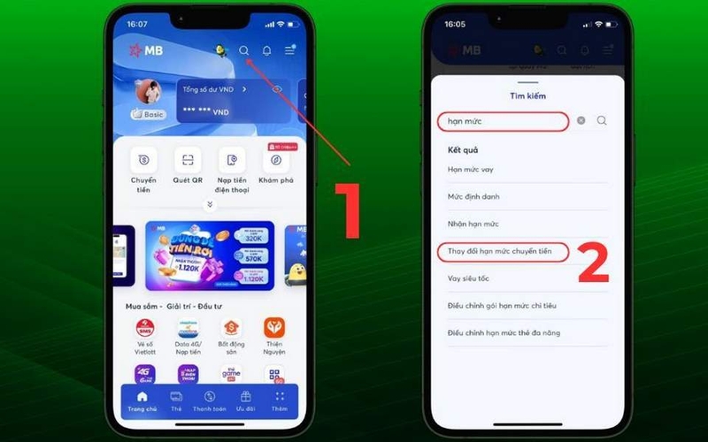 Truy cập và tìm kiếm chức năng thay đổi hạn mức
