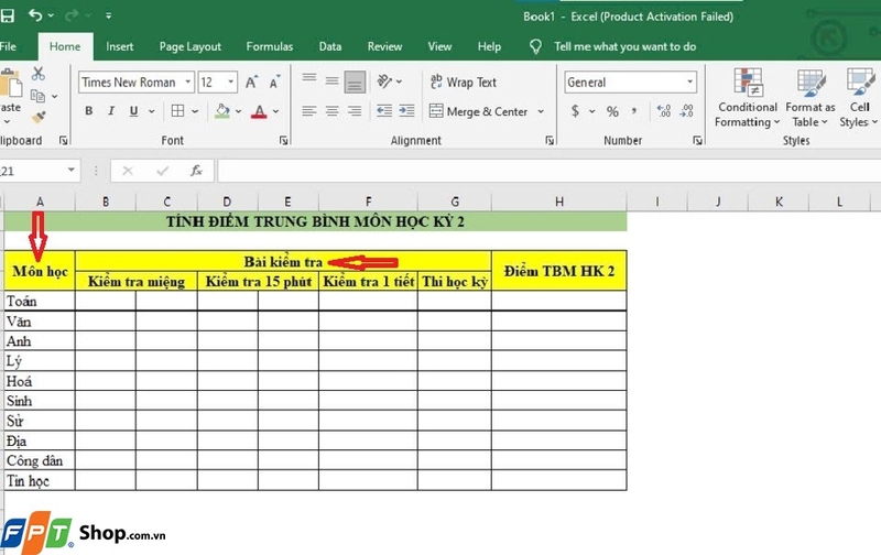 Tạo bảng Excel số môn học và các mục điểm
