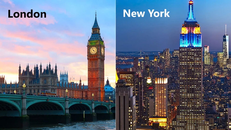London và New York chênh lệch nhau 5 tiếng