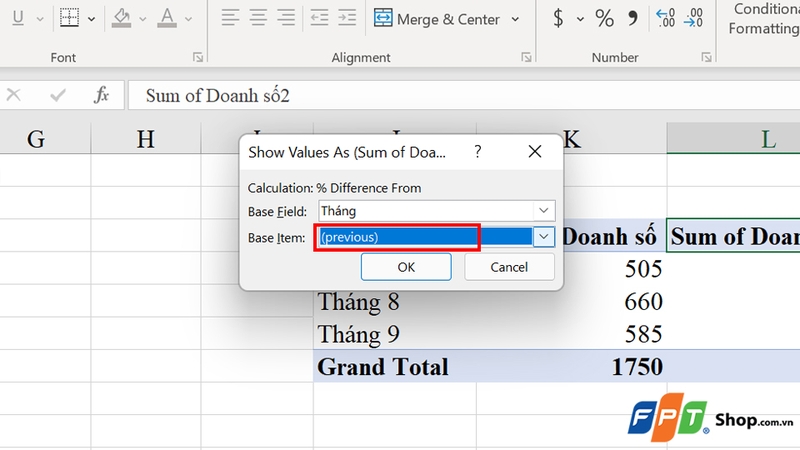 Chọn Previous trong mục Base Item