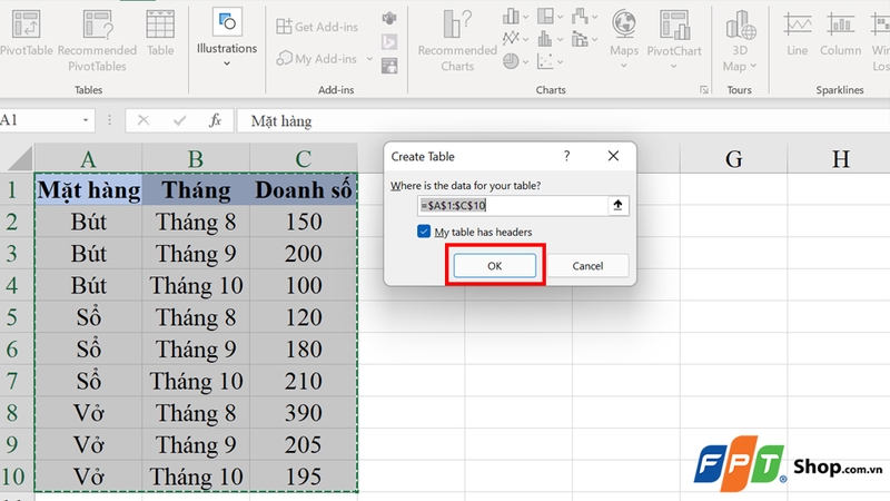 Nhấn OK để xác nhận phạm vi dữ liệu