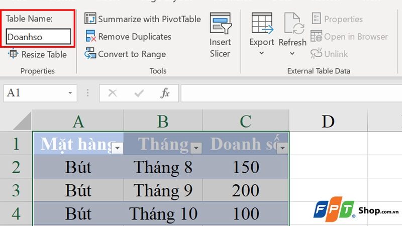 Nhập tên bảng vào mục Table Name