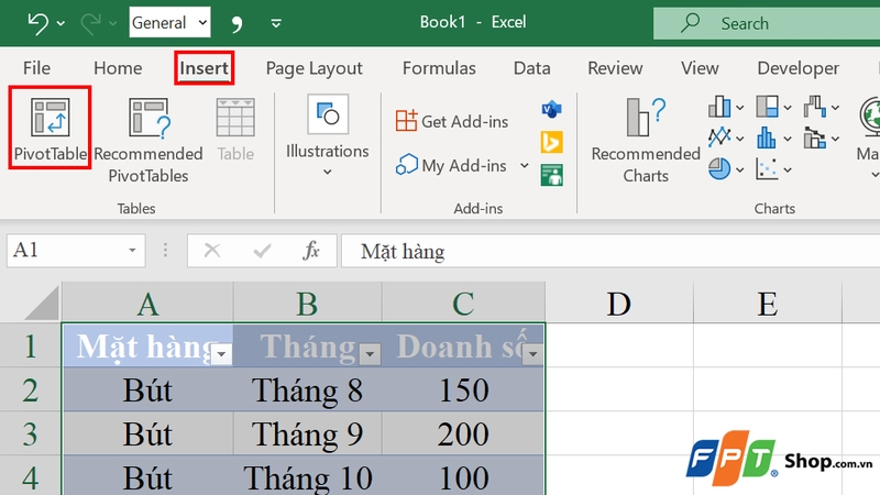 Chọn mục PivotTable