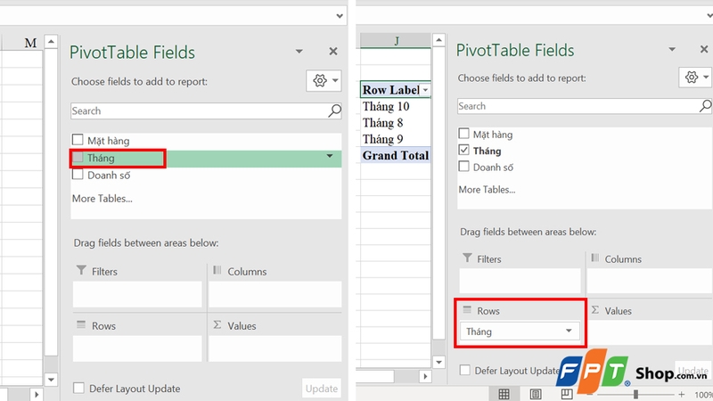 Kéo trường Tháng vào ô Rows