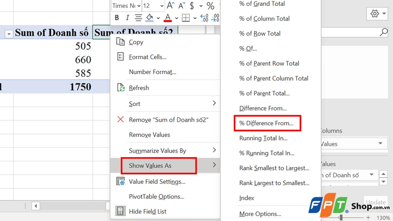 Nhấn vào tùy chọn % Difference From