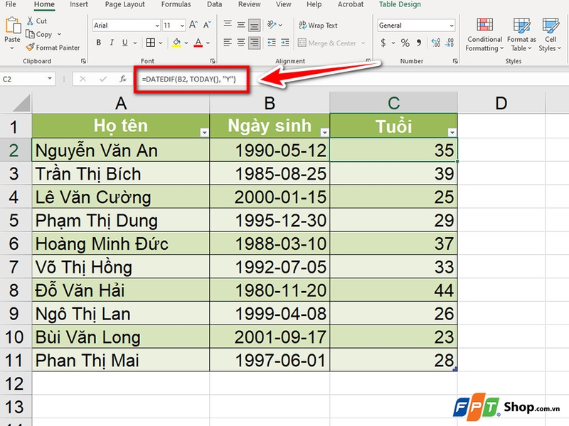 Cách tính tuổi trong Excel - 03