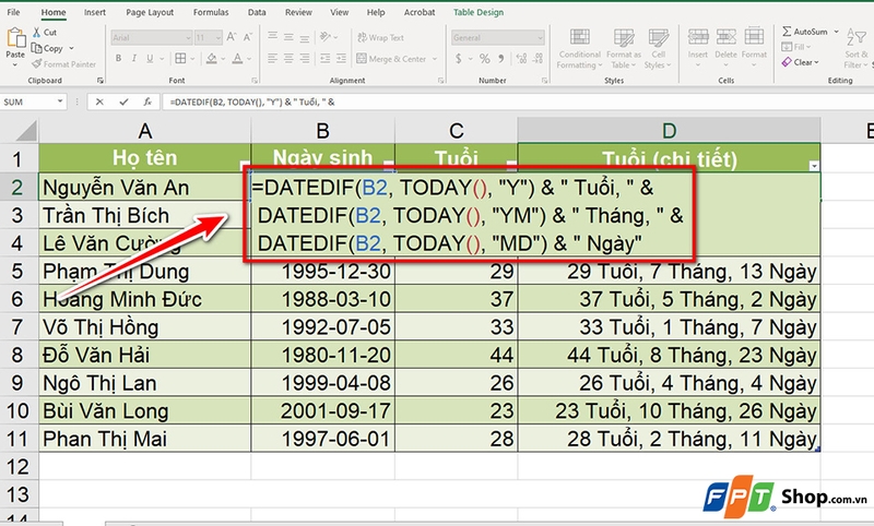 Cách tính tuổi trong Excel - 04