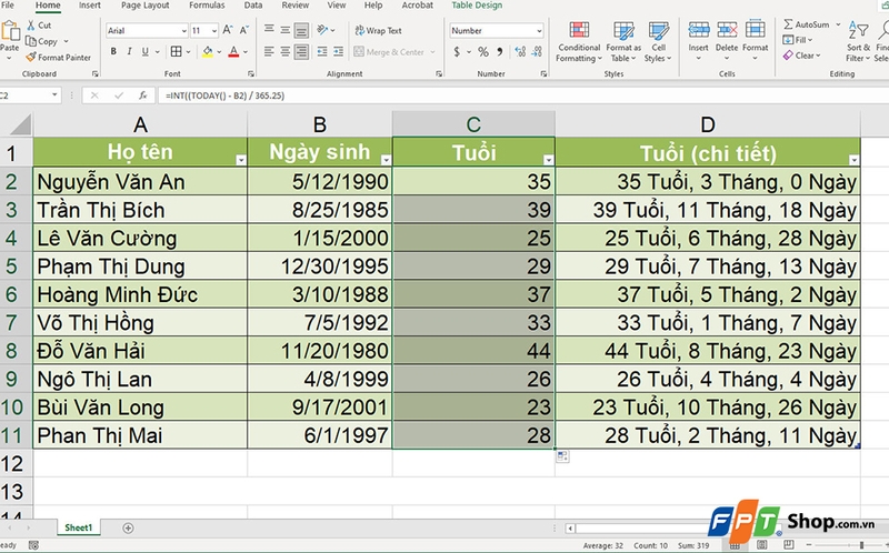 Cách tính tuổi trong Excel - 08