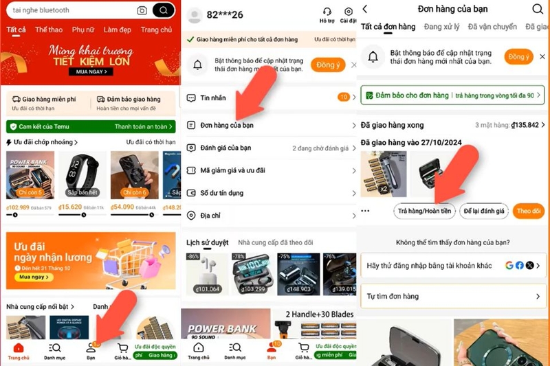 Truy cập vào mục Đơn hàng của bạn để trả hàng hoàn tiền