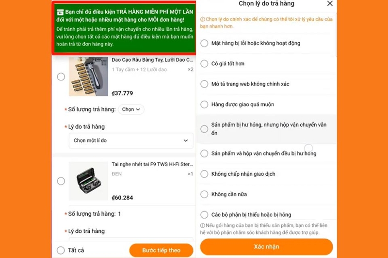 Chọn sản phẩm và lý do mình muốn hoàn trả hàng
