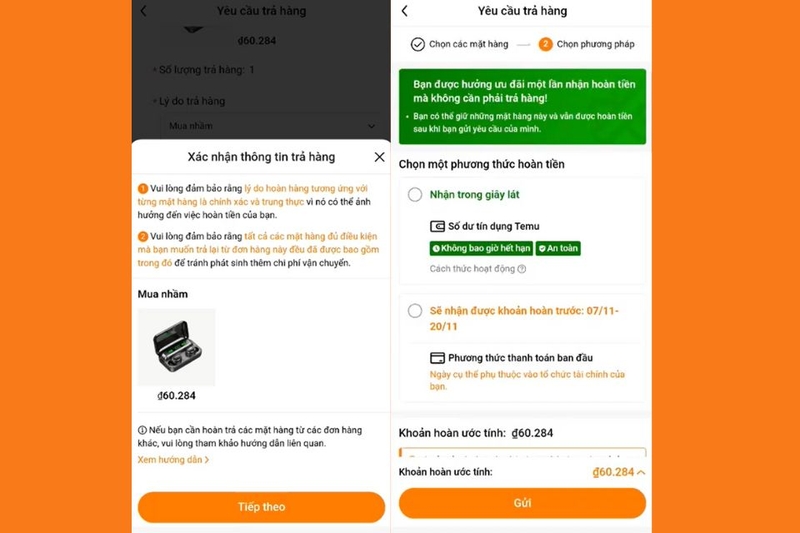 Lựa chọn phương thức hoàn tiền và nhấn gửi để hoàn tất quá trình