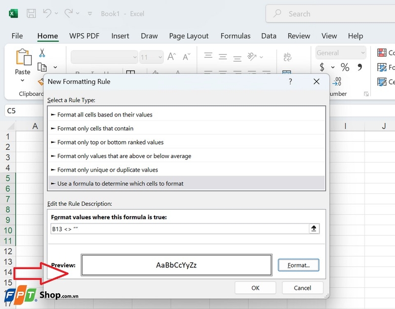 Quan sát hộp thoại New Formatting Rule