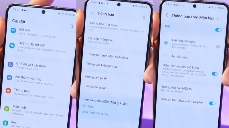 Vào mục Thông báo => Thông báo trên màn hình khoá => Ẩn nội dung