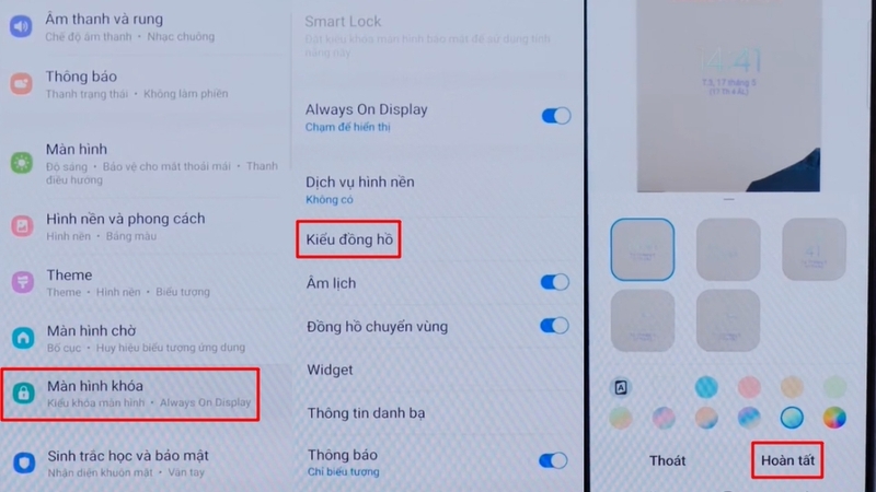 Vào Màn hình khóa => Kiểu đồng hồ => chọn kiểu, màu đồng hồ rồi nhấn Hoàn tất