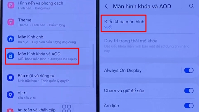 Vào mục Màn hình khoá và AOD trong Cài đặt rồi chọn Kiểu khoá màn hình