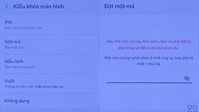 Chọn Kiểu khóa màn hình rồi cài đặt theo kiểu khóa bạn chọn