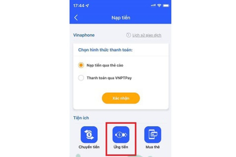 Ứng tiền Vinaphone qua ứng dụng