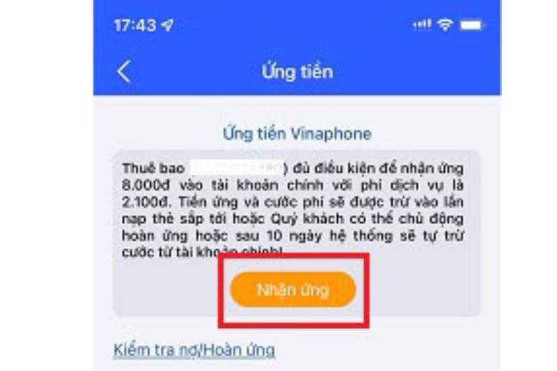 Ứng tiền Vinaphone qua ứng dụng
