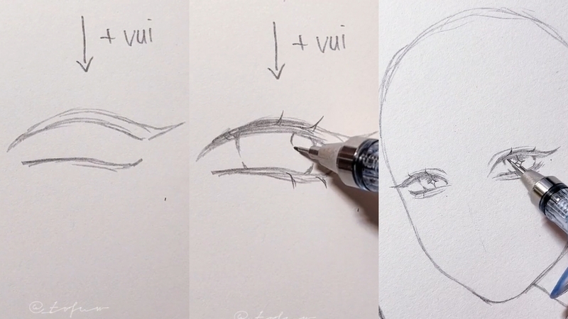 Vẽ mắt cười thì phần mí dưới hơi cong lên như mắt híp