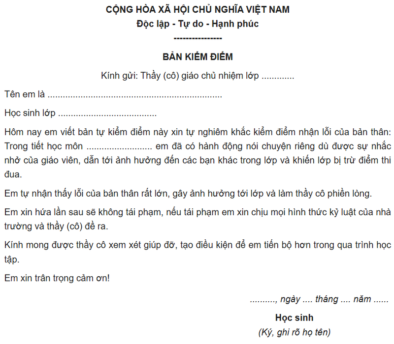 Mẫu bản kiểm điểm nói chuyện mới nhất 2026