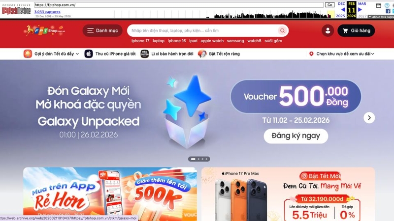 Khi chọn một mốc thời gian cụ thể, công cụ sẽ mở phiên bản được lưu trữ của trang web